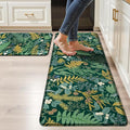 Dark Green Botanical Kitchen Rugs Set of 2 Plant Leaf Anti-Fatigue Kitchen Mat Natural Comfort Standing Waterproof PVC Mats 2/5" Thick Leather Carpet for Laundry Office Sink(17.3" x28" + 17.3" x 47")
