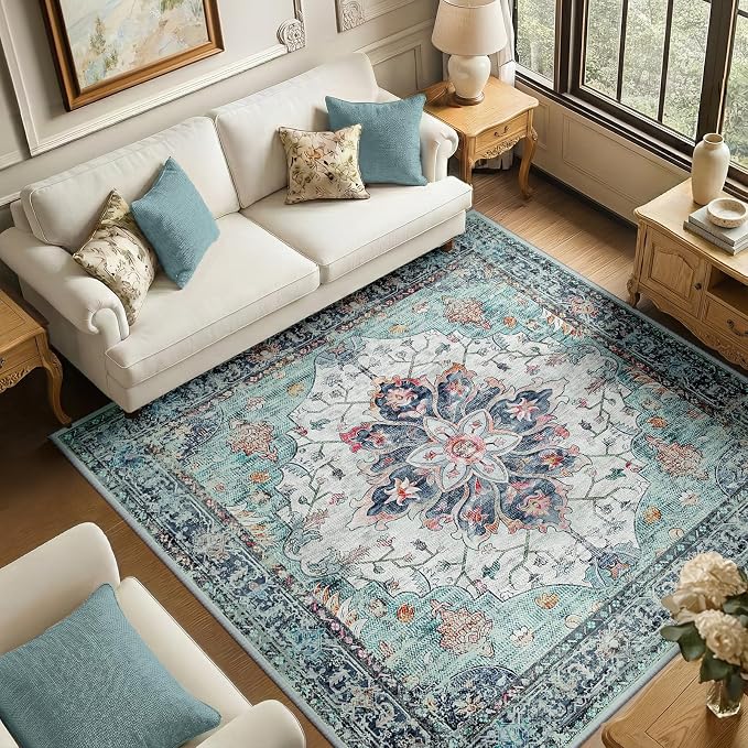 RELEANY Area Rugs Square 6ft Washable Non-Slip, Floral Vintage Distress Medallion Carpet for Living Room Bedroom Dining Room, Green Navy Blue White Red Teal
