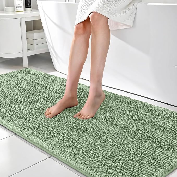 OLANLY Thick Bathroom Runner Rugs 70x24, Absorbent Chenille Striped Bath Rugs, Rubber Backing, Machine Wash, Extra Long Bath Mats for Bathroom Floor, Tub and Shower, Home Decor Accessories, Sage Green