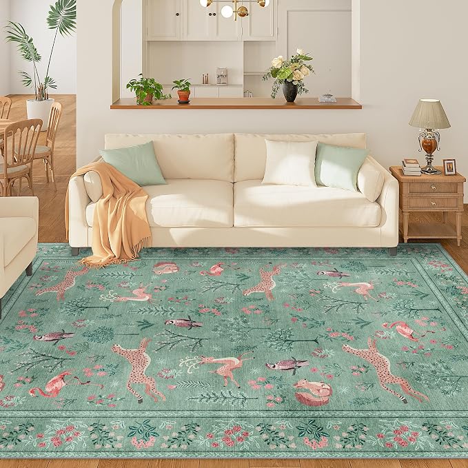 DUKINO 5x7 Rug, Washable Animal Living Room Rug with Non Slip Vintage Design, Soft Low Pile Large Carpet for Bedroom, Nursery, Dining Room, Farmhouse, Playroom, Teal