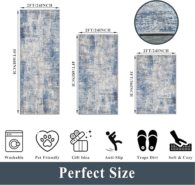 Kitchen Mats for Floor 3 Piece Set, Washable Non-Slip Farmhouse Kitchen Rugs for Hardwood Floor, Rustic Floral Boho Runner Rug for Sink,Entryway & Hallway & Bathroom (Blue/Grey/Ivory,2x3+2x4+2x5)