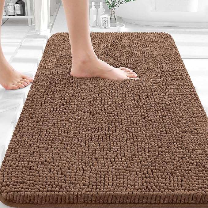 OLANLY Bathroom Rugs 30x18, Extra Soft Absorbent Chenille Bath Rugs, Rubber Backing Quick Dry, Machine Washable Bath Mats for Bathroom Floor, Tub and Shower, Home Decor Accessories, Mocha