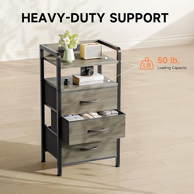 Lazzanto Night Stand with Charger Station - Grey Nightstand with LED Light Strip, Morden Bedside Table with USB Ports & AC Outlets, End Table with Storage Shelf & 3 Fabric Drawers