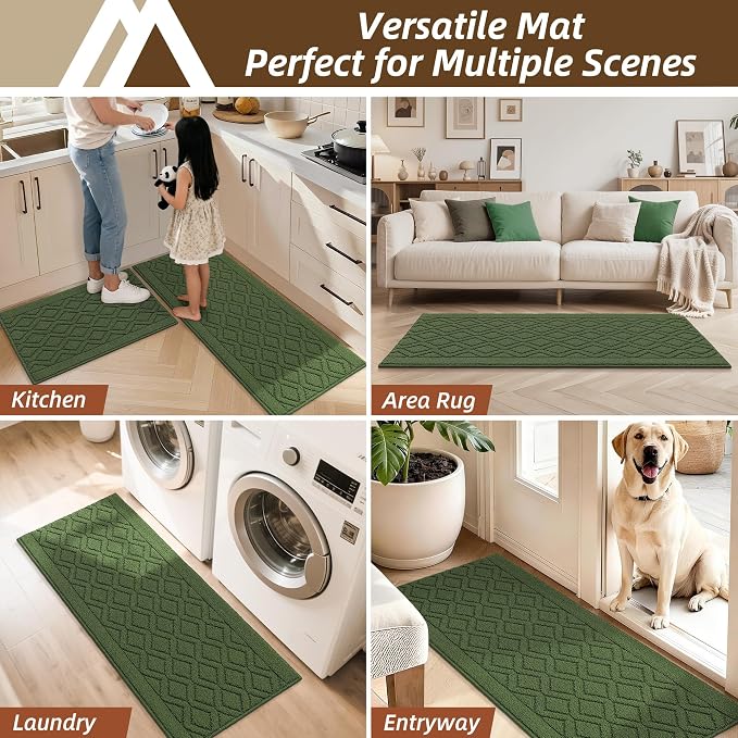 COSY HOMEER 60x24Inch/35X24Inch Kitchen Rugs Sets Non-Slip Washable Kitchen Mats for Floor Polypropylene Absorbent Kitchen Runner for Kitchen Sink Hallway Entryway(Green)