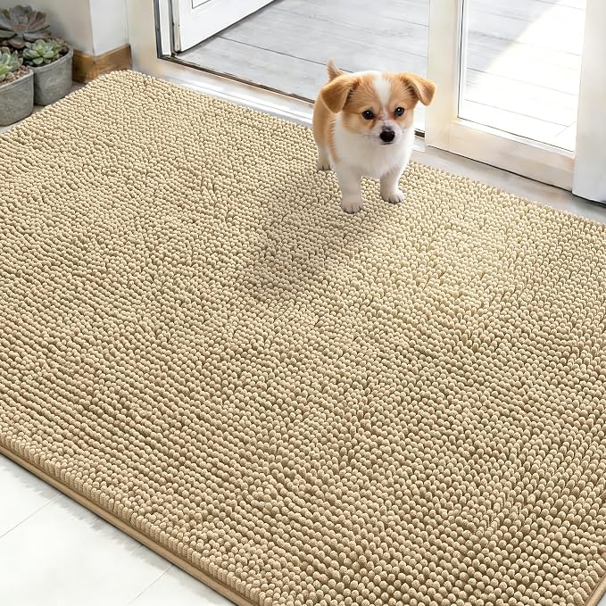 OLANLY Dog Door Mat for Muddy Paws 50x30, Absorbs Moisture and Dirt, Absorbent Non-Slip Washable Doormat, Quick Dry Chenille Mud Mat for Dogs, Entry Indoor Entryway Carpet for Inside Floor, Beige