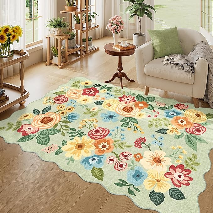 DUKINO 4x6 Area Rug, Floral Non-Slip Indoor Washable Rug with Low Pile & Non-Shedding, Lightwight Boho Design Carpet for Entryway, Bedroom, Kids Room, Living Room, Kitchen, Green