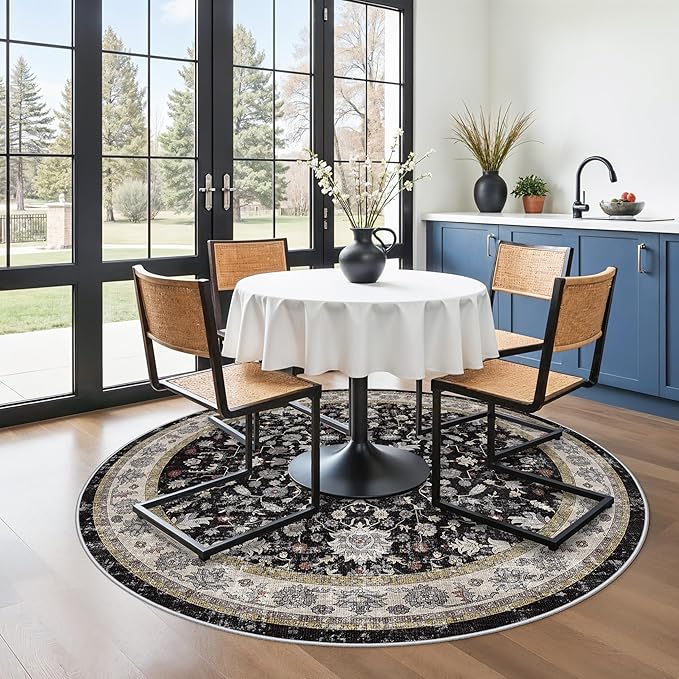6ft Round Kitchen Rug Washable - Non-Slip Soft Low Pile Circle Area Rug for Under Table Living Room Dining Room Bedroom – Boho Floral Circular Floor Indoor Carpe (Black,6x6)