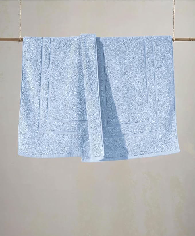 Feather & Stitch 2 Piece Towel Like Bath Mats (30x21 Inch) 100% Cotton Terry Bath Mats, Bathroom Shower Floor Mats [NOT A Bathroom Rug], Soft Absorbent Washable Mats - Sky Blue