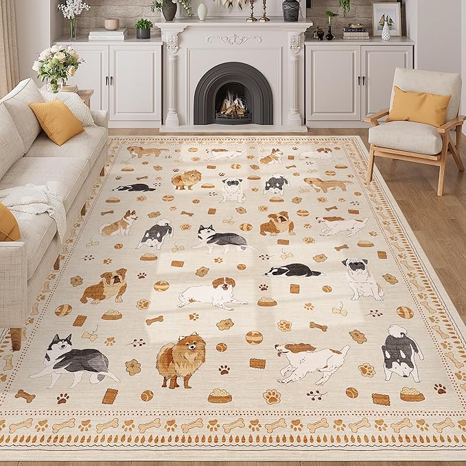 DUKINO 8x10 Area Rug, Non Slip Washable Animal Dog Rug for Living Room, Stain Resistant & Low Pile Indoor Floor Large Carpet for Bedroom, Farmhouse, Nursery, Dining Room, Kids Playroom, Beige Yellow