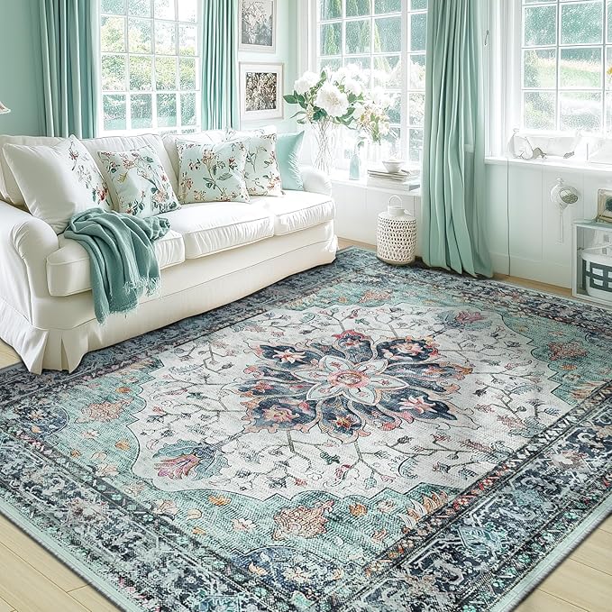 RELEANY Area Rugs 6'x8' Washable Non-Slip, Floral Vintage Distress Medallion Carpet for Living Room Bedroom Dining Room, Green Navy Blue White Red Teal