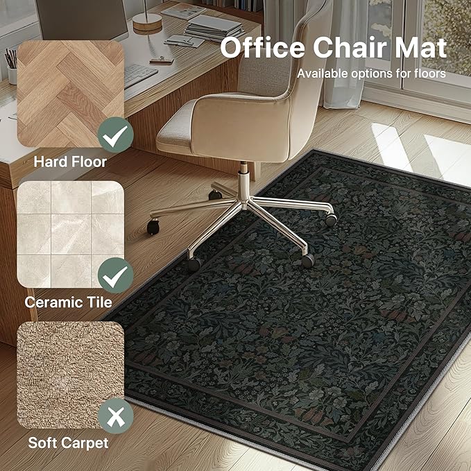48"x72" Office Chair Mat for Hardwood Tile Floor, Under Desk Carpet Protector for Rolling Computer Chair Mat, Machine Washable Area Rug, Anti-Slip 1/5" Thick Low Pile Thin Vinyl Floor Mat, Dark Green