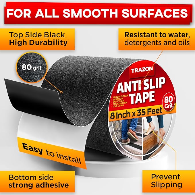 Grip Tape - Heavy Duty Anti Slip Tape for Stairs Outdoor/Indoor Waterproof 8Inch x 35Ft Safety Non Skid Roll for Stair Steps Ramp Traction Tread Staircases Grips Adhesive Non Slip Strips Walk Black
