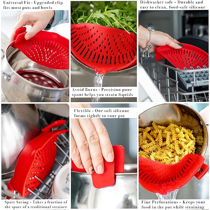 Arlig Clip On Pasta Strainer Silicone Universal Fit for all Pots and Bowls Snap On Drainer for Meat, Vegetables, Fruit Colander for Kitchen Easily Drain Food Space Saving