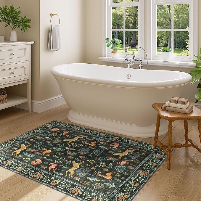 DUKINO 3x4 Washable Entryway Rug, Vintage Animal Ultra Soft Kitchen Area Rug with Non Slip Backing, Low Pile & Stain Resistant Indoor Door Mat for Bathroom, Bedroom, Laundry Room, Office, Black