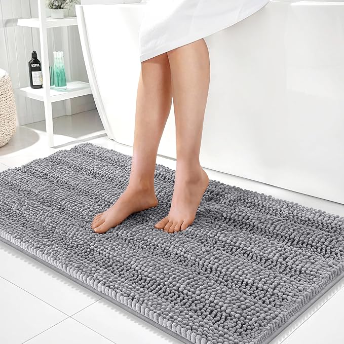OLANLY Thick Bathroom Runner Rugs 44x24, Extra Absorbent Chenille Striped Bath Rugs, Rubber Backing, Machine Wash Dry, Long Bath Mats for Bathroom Floor, Tub and Shower, Home Decor Accessories, Grey