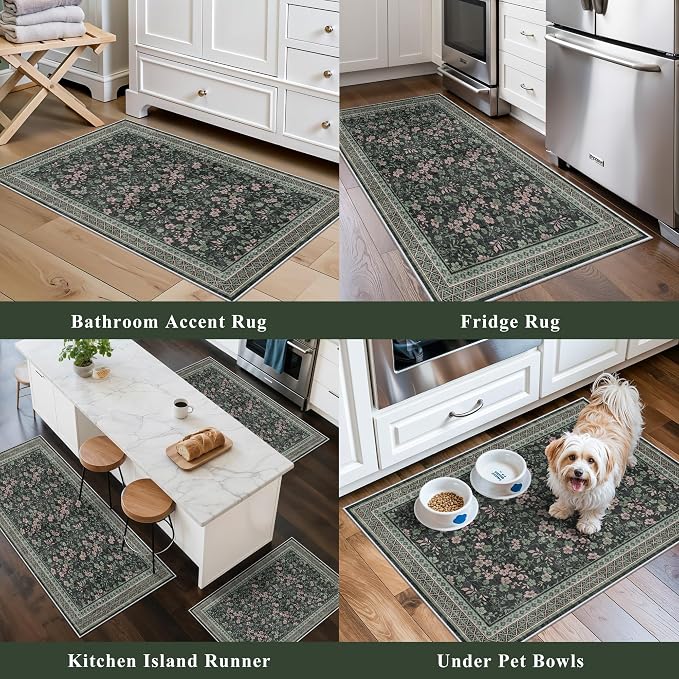 Kitchen Rugs 3 Piece Set, Washable Non-Slip Farmhouse Kitchen Mats for Hardwood Floor, Rustic Floral Boho Runner Rug for Sink,Entryway & Hallway & Bathroom (Dark/Green/Floral,2x3-2x4-2x5)