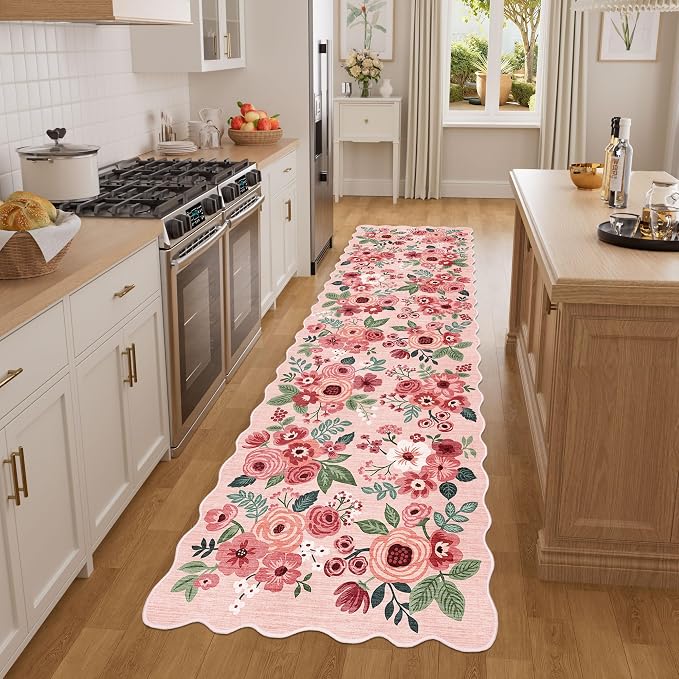 DUKINO Washable Runner Rug, 2x7 Lightweight Soft Floral Hallway Rug Runner with Low Pile Design, Non Shedding & Non Slip Backing Thin Indoor Carpet for Bedroom, Bathroom, Entrance, Kitchen, Pink