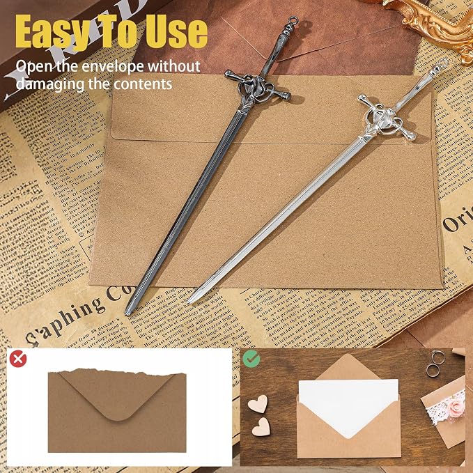 2 Pack Letter Openers, Mail Opener Tool, Sword Letter Opener with Ergonomic Handle, Envelope Slitter Fancy Envelope Openers, Home and Office Mail Supplies(Silver, Black)