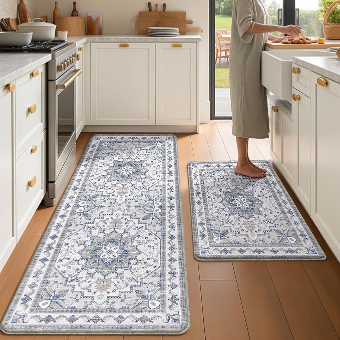Boho Kitchen Mats for Floor 2 Piece Set Anti Fatigue Cushioned PVC Kitchen Rugs Non Slip Waterproof Farmhouse Mats 2/5 Inch Comfort Standing Mat for Sink, Laundry, 23.6"x39"+23.6"x59",C2