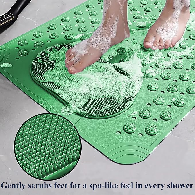 Bath Mat for Tub and Shower – Anti-Slip with Suction Cups, Exfoliating Foot Scrubber, Drain Holes & Massage Points – PVC, 19.7” x 31.5” – Non-Slip Mat for Seniors, Families, Spa Use