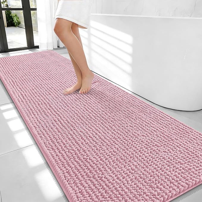 OLANLY Thick Bathroom Runner Rugs 70x24, Extra Soft Absorbent Chenille Bath Rugs, Rubber Backing, Machine Wash Dry, Long Bath Mats for Bathroom, Tub and Shower, Home Decor Accessories, Dusty Rose