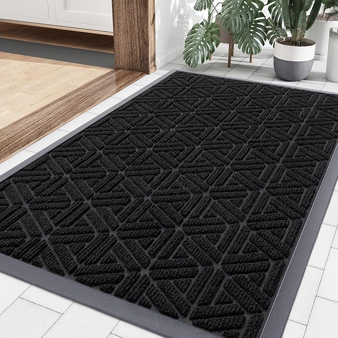 Smiry Front Door Mat Outside Entrance, Heavy Duty Sturdy Natural Rubber Doormat, Trap Dirt and Moisture, Easy Clean Low Profile Mats for Indoor Outdoor Entry, Grid Geometric (35x23, Black)