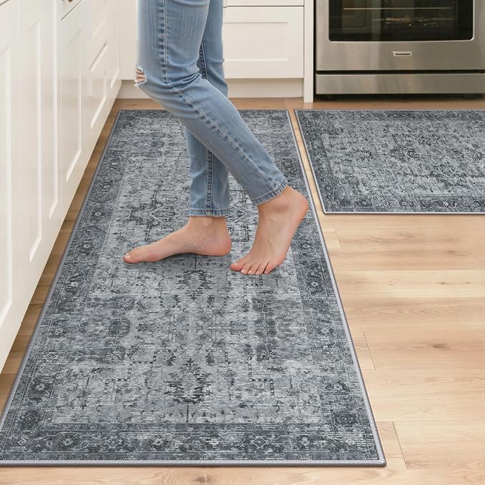 GENIMO Kitchen Rugs Non Slip Washable, 2PCS Kitchen Mats for Floor, Cushioned Standing Mat, Kitchen Runner Rug Floor Mat for Kitchen Decor, Laundry, Sink, Home, 20"x32"+20"x48", Vintage Grey
