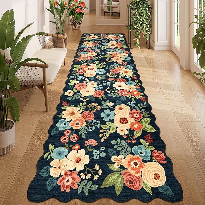 DUKINO 3x10 Washable Runner Rug, Non Slip Floral Ultra Soft Runner for Hallway, Lightweight Low Pile & Stain Resistant Long Throw Carpet for Kitchen, Bathroom, Entrance, Bedroom, Kids Room, Navy Blue