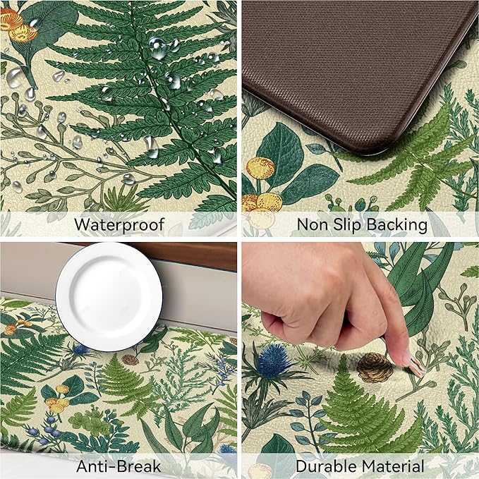 Beige Green Botanical Kitchen Rugs Set of 2 Plant Leaf Anti-Fatigue Kitchen Mat Natural Comfort Standing Waterproof PVC Mats 2/5" Thick Leather Carpet for Laundry Office Sink(17.3" x28" + 17.3" x 47")