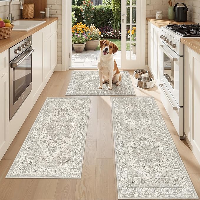 Madane Washable Kitchen Rug Set of 3, Small Area Rug Non-Slip Vintage Entryway Door Mat Indoor Entrance, Low Pile Floor Carpet Runner for Inside Front Door Entry Laundry (2x3+2x4+2x5, Beige/Brown)