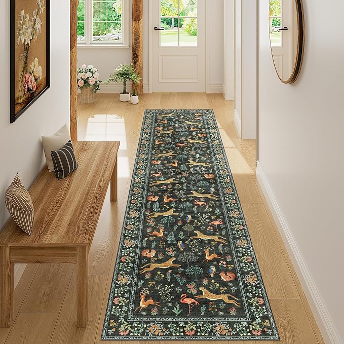 DUKINO Runner Rug, 2x8 Washable Kitchen Rugs for Hallways with Non Slip Backing, Soft Low Pile Vintage Animal Runner for Kitchen, Hallway, Entryway, Laundry, Bedroom, Black