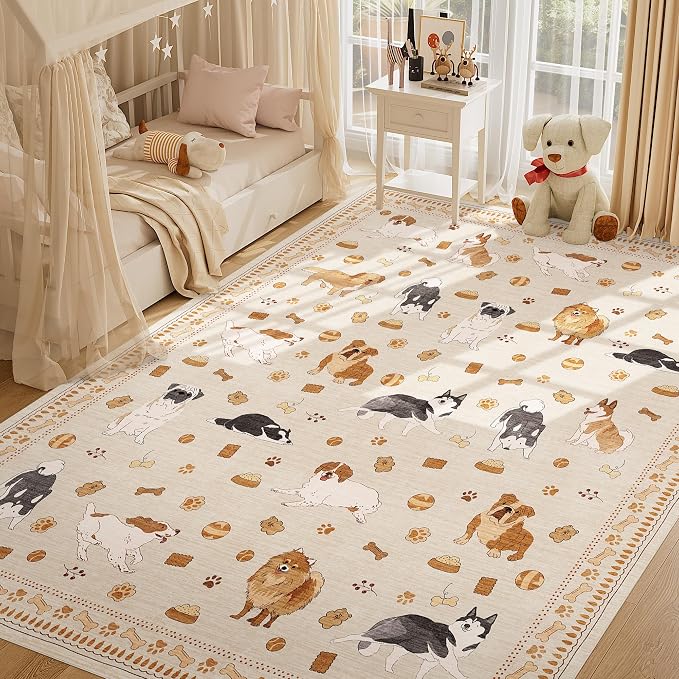 DUKINO 8x10 Area Rug, Non Slip Washable Animal Dog Rug for Living Room, Stain Resistant & Low Pile Indoor Floor Large Carpet for Bedroom, Farmhouse, Nursery, Dining Room, Kids Playroom, Beige Yellow