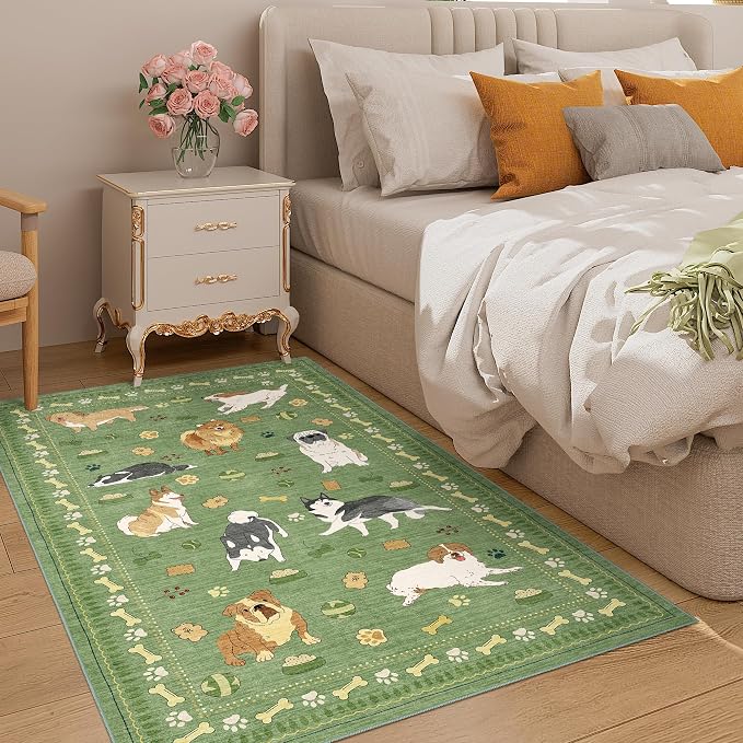 DUKINO 3x5 Area Rug, Lightweight Washable Entryway Rug with Non Slip & Low Pile, Soft Non Shedding Animal Dog Print Pattern Indoor Throw Carpet for Bedroom, Kitchen, Bathroom, Kids Room, Office, Green