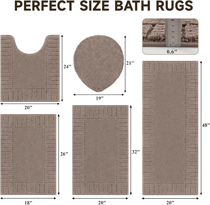 Pauwer Bathroom Rugs Set 5 Piece Non Slip Washable Bath Mat Set with U Shaped Contour Toilet Rugs Plush Absorbent Microfiber Shower Mat and Toilet Lid Cover for Bathroom, Coffee