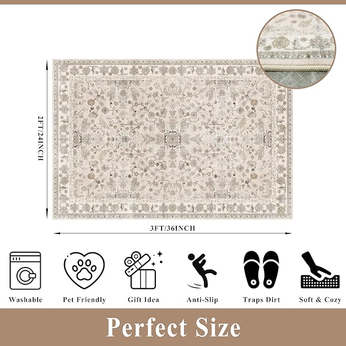 2x3 Non-Slip Washable Kitchen Rug – Boho Small Accent Rug for Sink & Entryway, Soft Low Pile Thin Carpet for Pet Area & Bathroom, Indoor Door Mat (Beige,2x3)