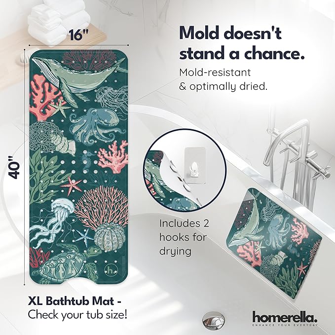 Bathtub Mat Non Slip Anti Mold for Kids 40x16 - homerella® Bath Mat for Tub, BPA Free, Incl. 2 Hooks, Washable Shower Mat Non Slip Anti Mold, Shower Mats for Inside Shower, EU Certified