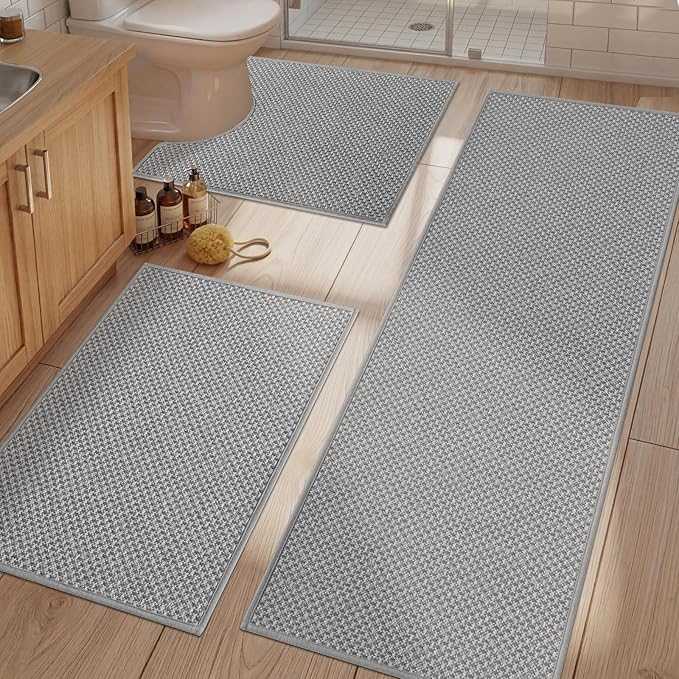 YIHOUSE Thin Bath Mat Light Grey Bathroom Rugs Sets 3 Pieces, Non Slip Absorbent Bath Mats Quick Dry, Woven Braided Rugs Washable, Tapetes para Baño for Bathroom,Bathtub(17.5"x24"U+17"x24"+17"x47")