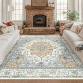 RELEANY Area Rugs Square 8ft Washable Non-Slip, Floral Vintage Distress Medallion Carpet for Living Room Bedroom Dining Room, Beige Carbon Grey Orange