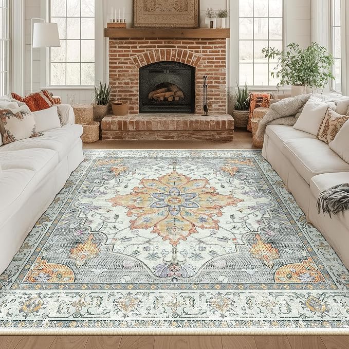 RELEANY Area Rugs Square 8ft Washable Non-Slip, Floral Vintage Distress Medallion Carpet for Living Room Bedroom Dining Room, Beige Carbon Grey Orange
