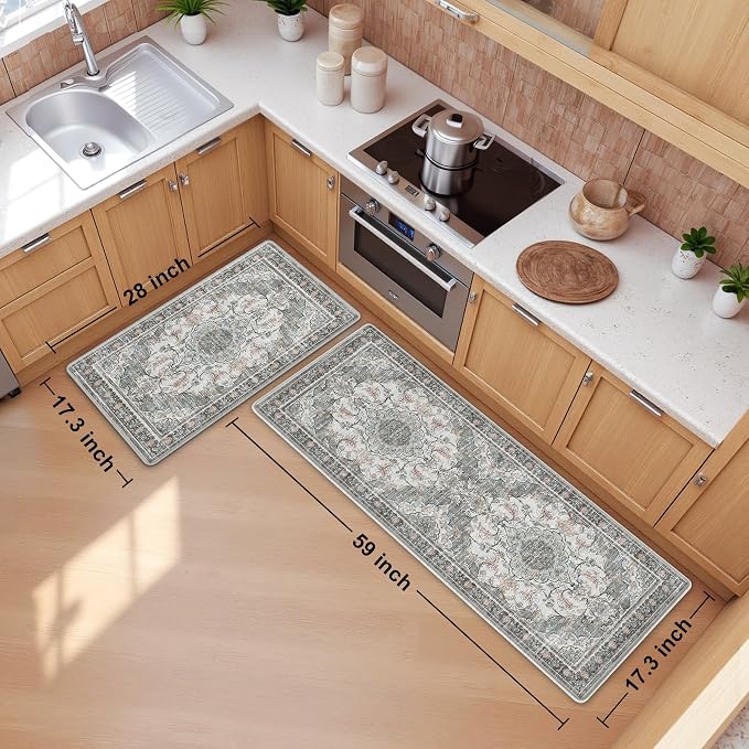 Boho Kitchen Mats for Floor 2 Piece Set Anti Fatigue Cushioned PVC Kitchen Rugs Non Slip Waterproof Farmhouse Mats 2/5 Inch Comfort Standing Mat for Sink, Laundry, 17.3"x59"+17.3"x28", Beige Grey