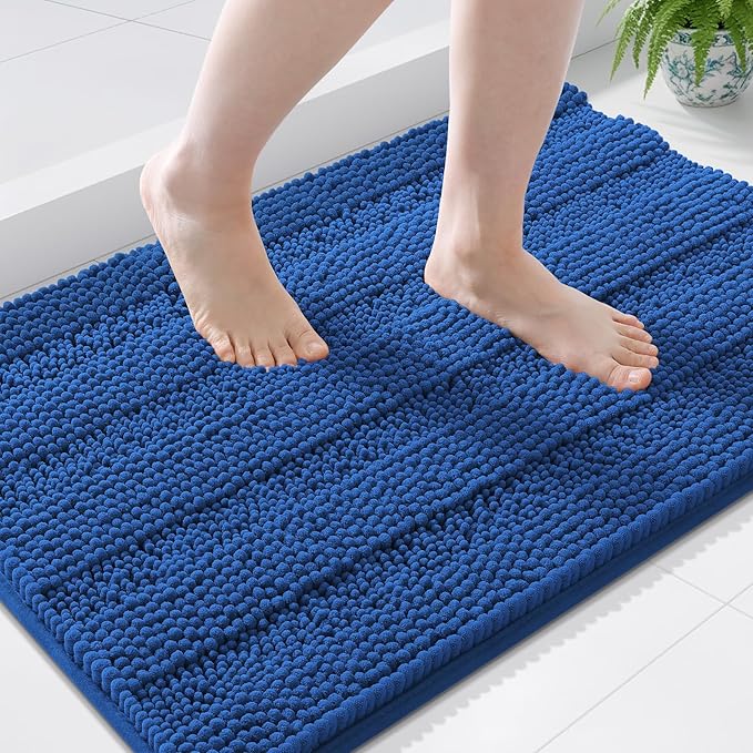 Grandaily Chenille Striped Bathroom Rugs 36x24, Extra Thick and Soft Absorbent Bath Mats, Rubber Backing, Plush Shaggy Shower Carpet, Machine Wash Dry, Bath Rug for Bathroom, Deep Navy Blue