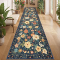 DUKINO 3x12 Washable Runner Rug, Non Slip Soft Floral Hallway Runner Rug with Non Shedding Design, Low Pile Loog Floor Carpet for Kitchen, Hallway, Bathroom, Entryway, Laundry, Navy Blue