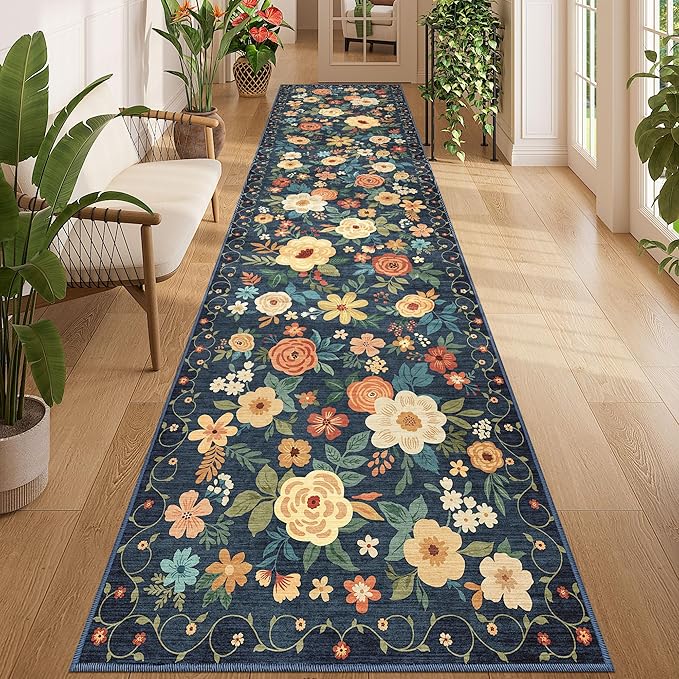 DUKINO 3x12 Washable Runner Rug, Non Slip Soft Floral Hallway Runner Rug with Non Shedding Design, Low Pile Loog Floor Carpet for Kitchen, Hallway, Bathroom, Entryway, Laundry, Navy Blue