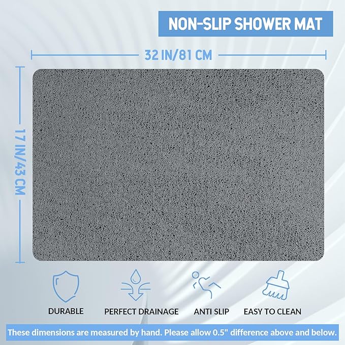 Hargiis Non Slip Bathtub Mat, Anti Slip Shower Mat, Quick Drying Bath Tub Mats, Foot Scrubber Mat, Anti Slip Mat for Tub, Floor, Bathroom, Home, Kitchen, Hotel (Grey 32"x17")