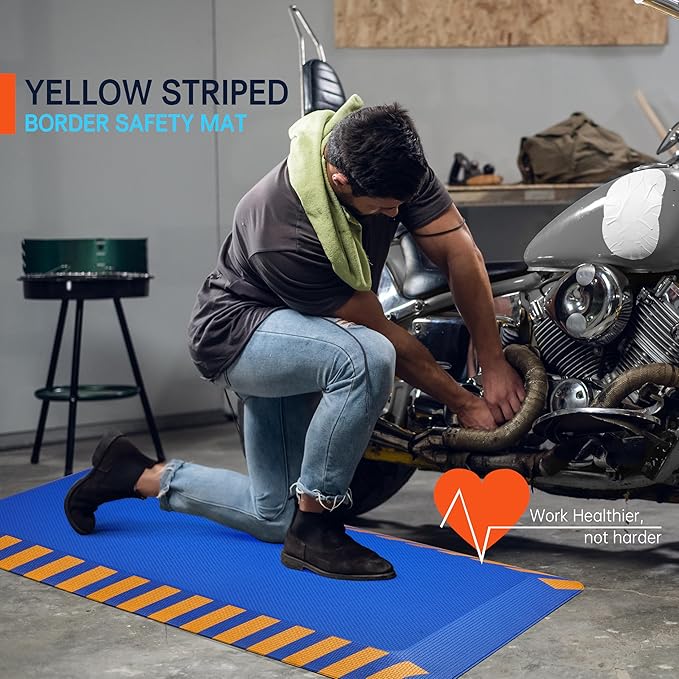 FEATOL Anti Fatigue Mat Industrial, Ergonomic Standing Floor Mat for Work for Stand -Safety Support for Leg & Back Pain(Blue with Yellow Border, 20" x 59", 2PC)