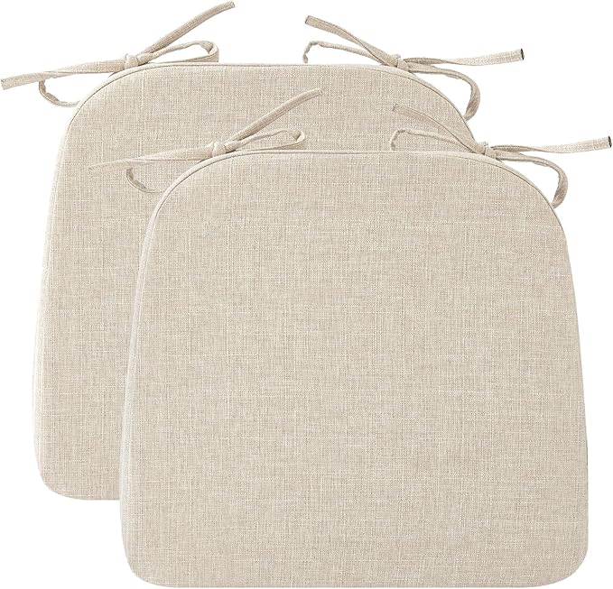 Ruqmuis Chair Cushions for Dining Chairs, 2" Thick Seat Cushions for Kitchen Chairs, D-Shaped Chair Pads with Washable Cover, Ties and Non Slip Backing, 17'' x 16'', Set of 2, Beige