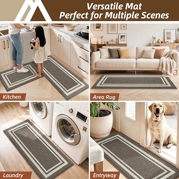 COSY HOMEER Kitchen Rugs Non-Slip 24x35/24x60 Inch Thick Polypropylene Standing Mat for Home Machine Washable, Brown Frame