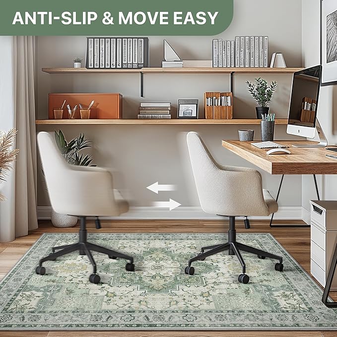 48"x48" Office Chair Mat for Hardwood Tile Floor, Under Desk Carpet Protector for Rolling Computer Chair Mat, Machine Washable Round Area Rug, Anti-Slip 1/5" Thick Low Pile Thin Floor Mat, Green
