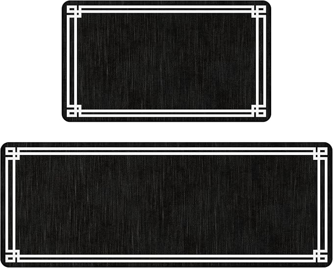 Black Retro Elegance Frame Textured Kitchen Rug Sets [2 PCs], Anti-Fatigue, Waterproof Non-Slip Kitchen Mats Heavy Duty Comfort Foam Rug for Kitchen, Floor, Laundry,17"x29"+17"x47"