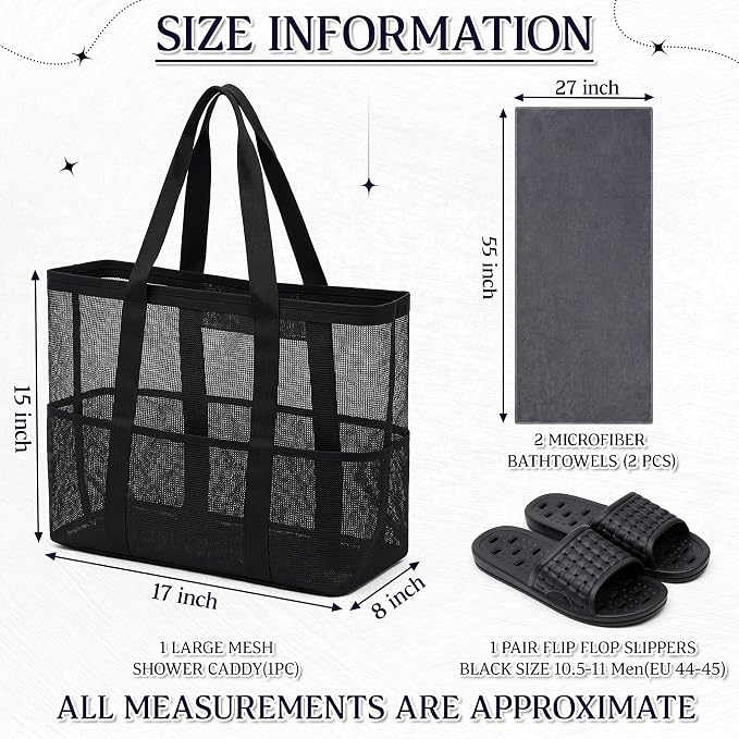 Hosuly 3-in-1 Travel Gym Dorm Shower Kit, Mesh Shower Caddy with 2 Quick Dry Towels and Non-slip Shoes, College Bathroom Essentials for Camping, Hotel and Workout(Gray and Black,10.5–11 Men(eu 44-45))